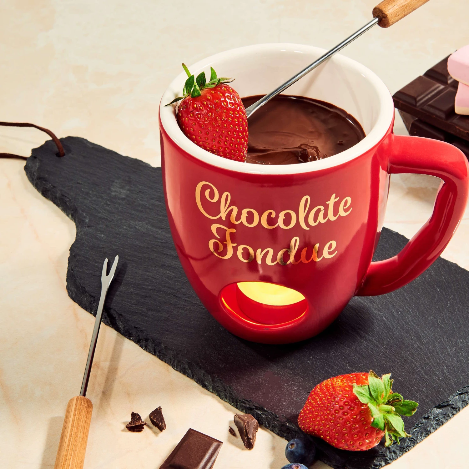 Tasse Mit 2 Gabeln CHOCOLATE FONDUE In Rot 4 Tasse Mit 2 Gabeln CHOCOLATE FONDUE In Rot – Bild 2